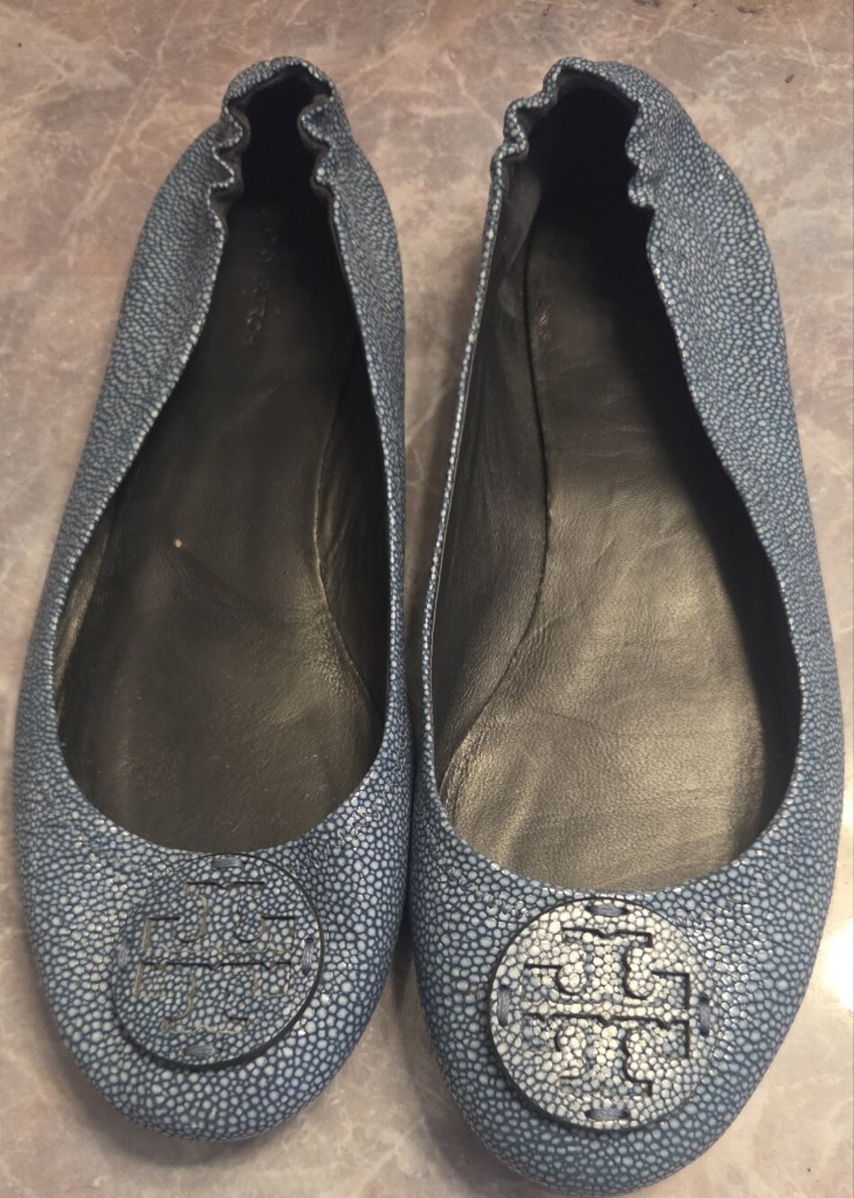 Tory Burch Blue Textured Logo Ballet Flats
